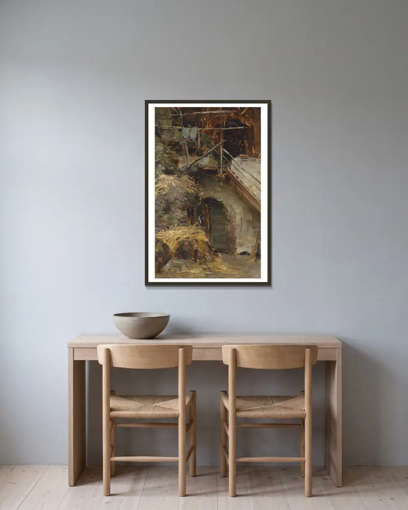 Studie stájového interiéru, Olga Wisinger-Florian v rámu na stěně