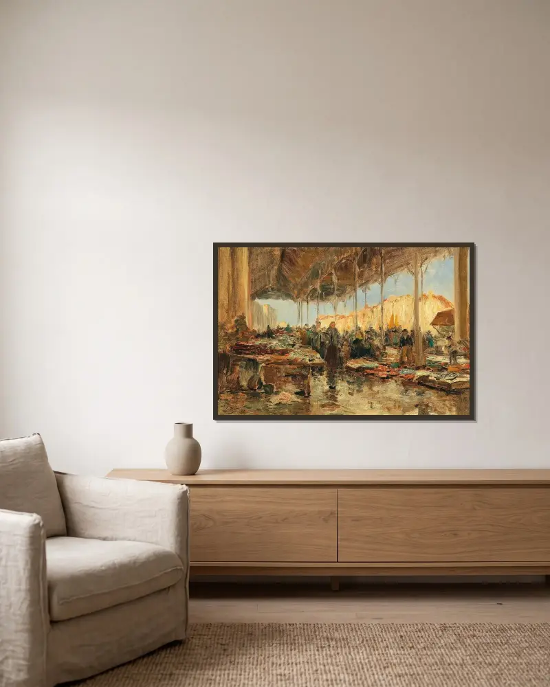 Der Fischmarkt in Venedig – Nr. 1 von Olga Wisinger-Florian gerahmt an einer Wand