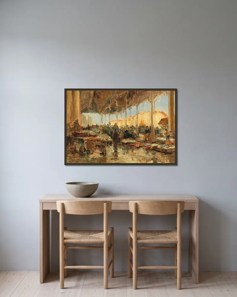Der Fischmarkt in Venedig – Nr. 1 von Olga Wisinger-Florian gerahmt an einer Wand