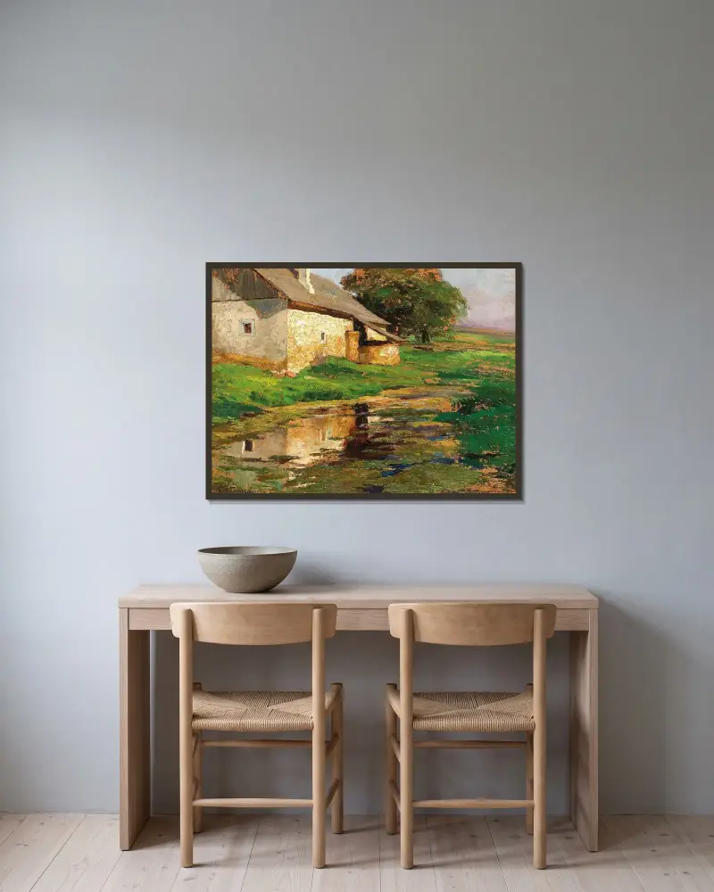 Der Teich hinter dem Haus von Olga Wisinger-Florian gerahmt an einer Wand