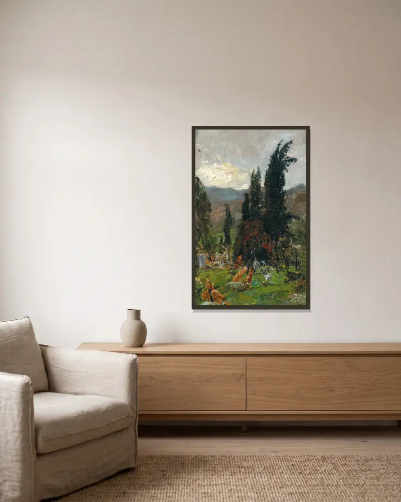 Blick über einen Friedhof in der Dämmerung von Olga Wisinger-Florian gerahmt an einer Wand