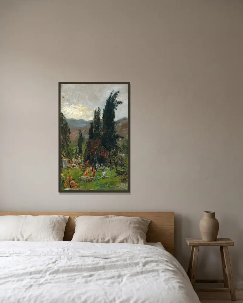 Blick über einen Friedhof in der Dämmerung von Olga Wisinger-Florian gerahmt an einer Wand