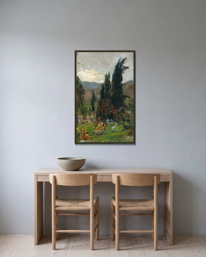 Blick über einen Friedhof in der Dämmerung von Olga Wisinger-Florian gerahmt an einer Wand