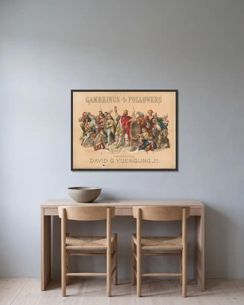 Gambrinus und seine Gefolgsleute, mit Gruß von David G. Yuengling, Jr. von Wittemann Bros. gerahmt an einer Wand