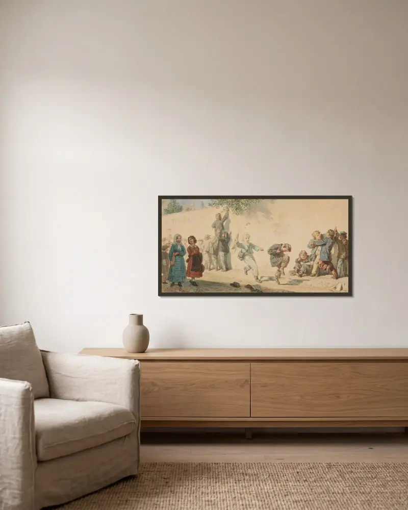 Kinder verlassen das Schulhaus von Wojciech Gerson gerahmt an einer Wand