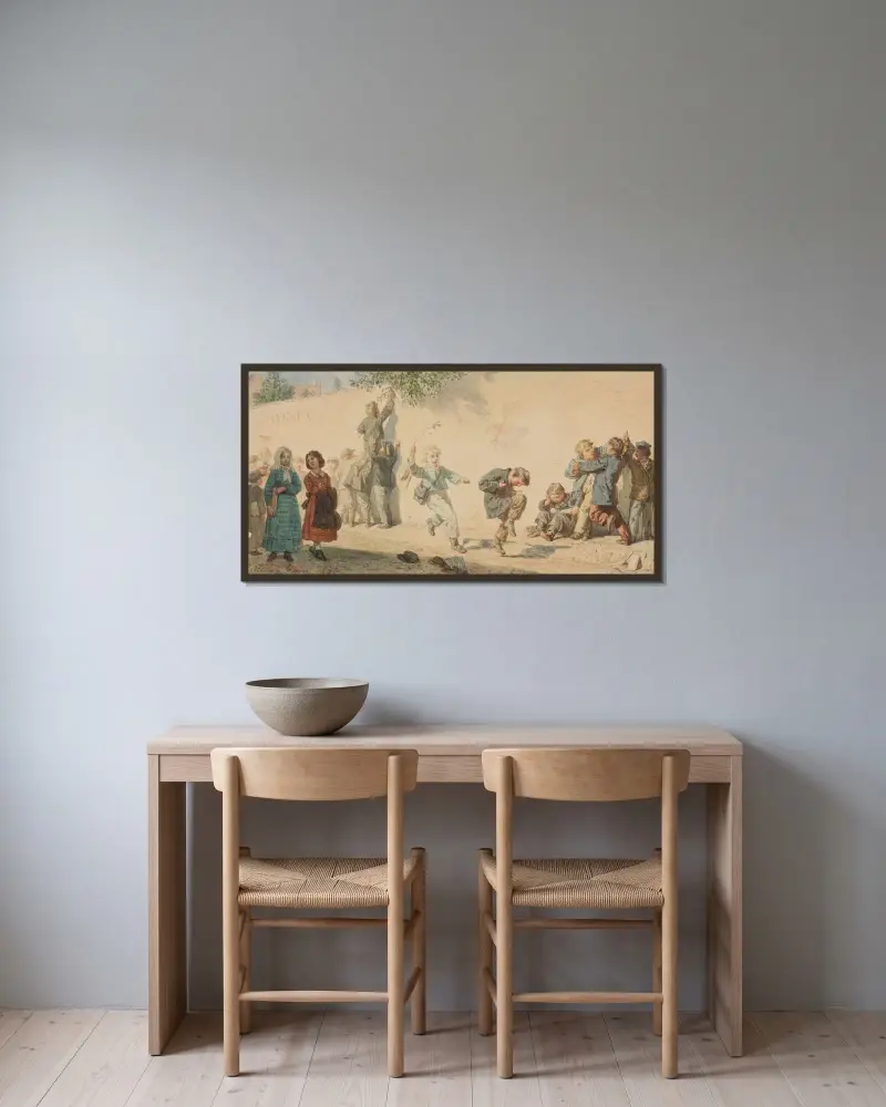 Kinder verlassen das Schulhaus von Wojciech Gerson gerahmt an einer Wand