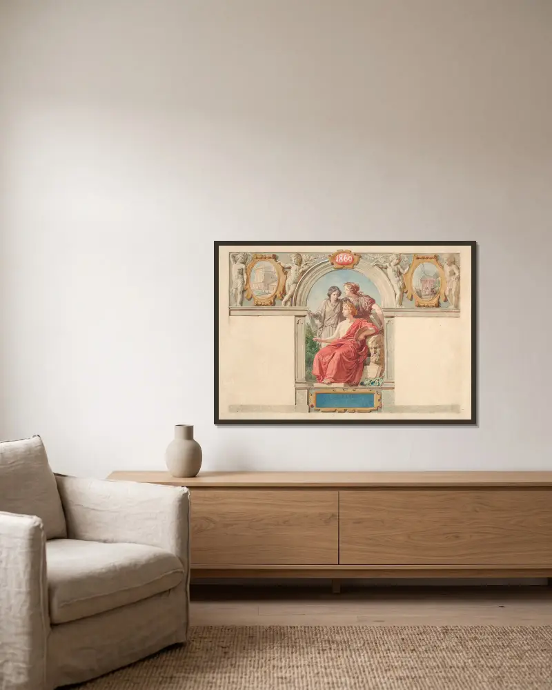 Design for an advertisement of Maksymilian Fajans’ lithographic and photographic shops av Wojciech Gerson inramad på en vägg