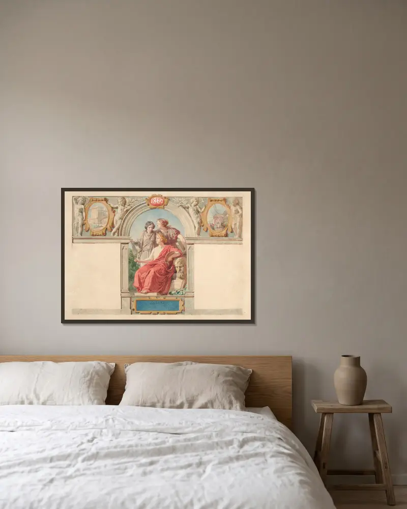 Design for an advertisement of Maksymilian Fajans’ lithographic and photographic shops av Wojciech Gerson inramad på en vägg