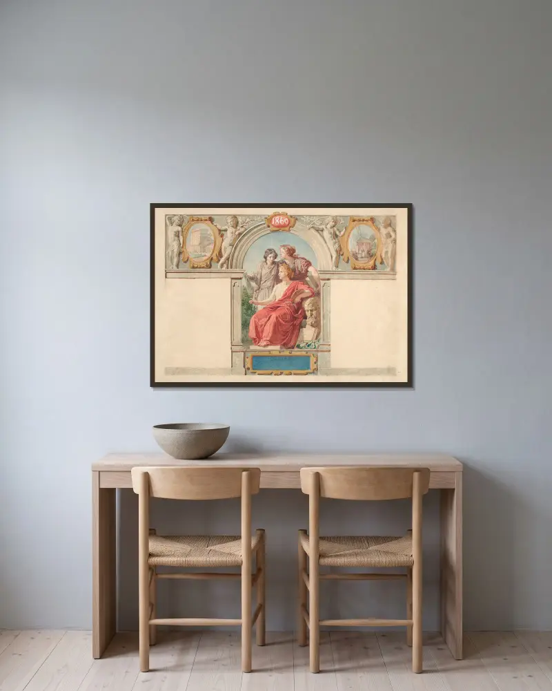 Design for an advertisement of Maksymilian Fajans’ lithographic and photographic shops av Wojciech Gerson inramad på en vägg