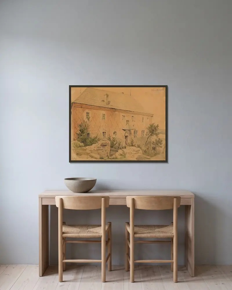 Das Długosz-Haus in Sandomierz, das sogenannte Rote Haus von Wojciech Gerson gerahmt an einer Wand