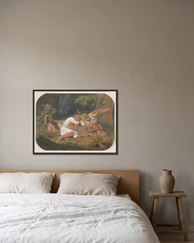 Schlafende Kinder vom Land im Wald von Wojciech Gerson gerahmt an einer Wand