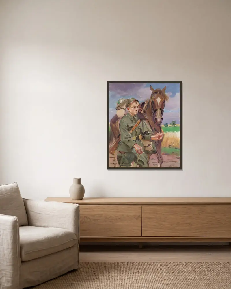 Ein Soldat mit einem Pferd von Wojciech Kossak gerahmt an einer Wand