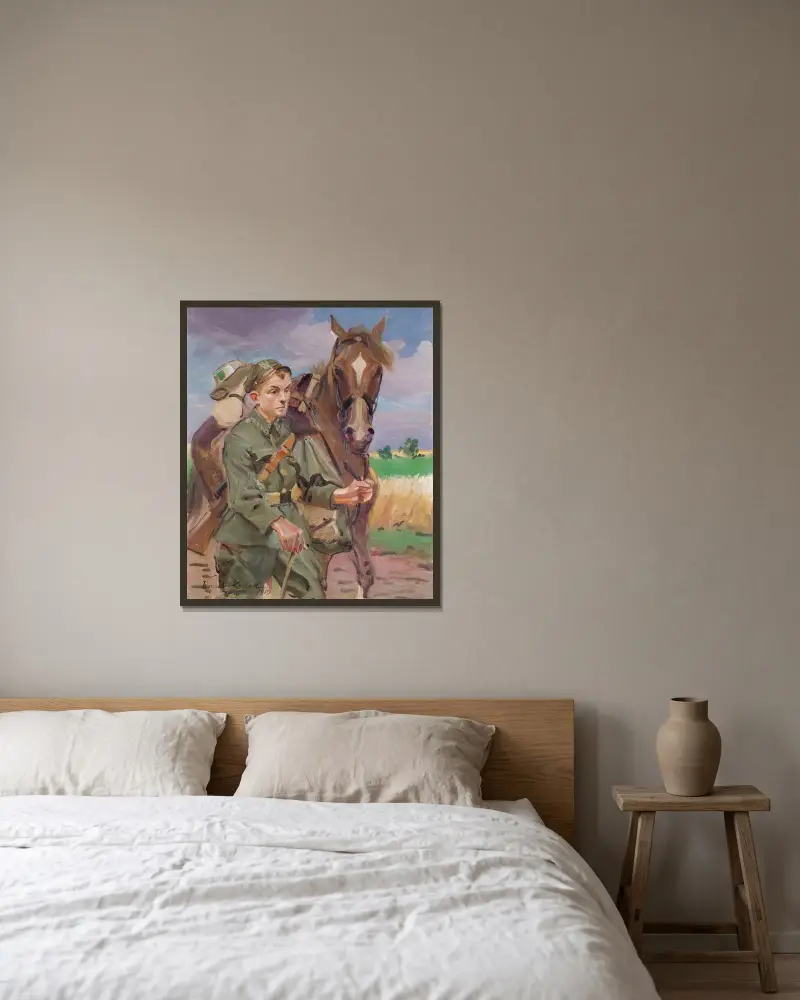 Ein Soldat mit einem Pferd von Wojciech Kossak gerahmt an einer Wand