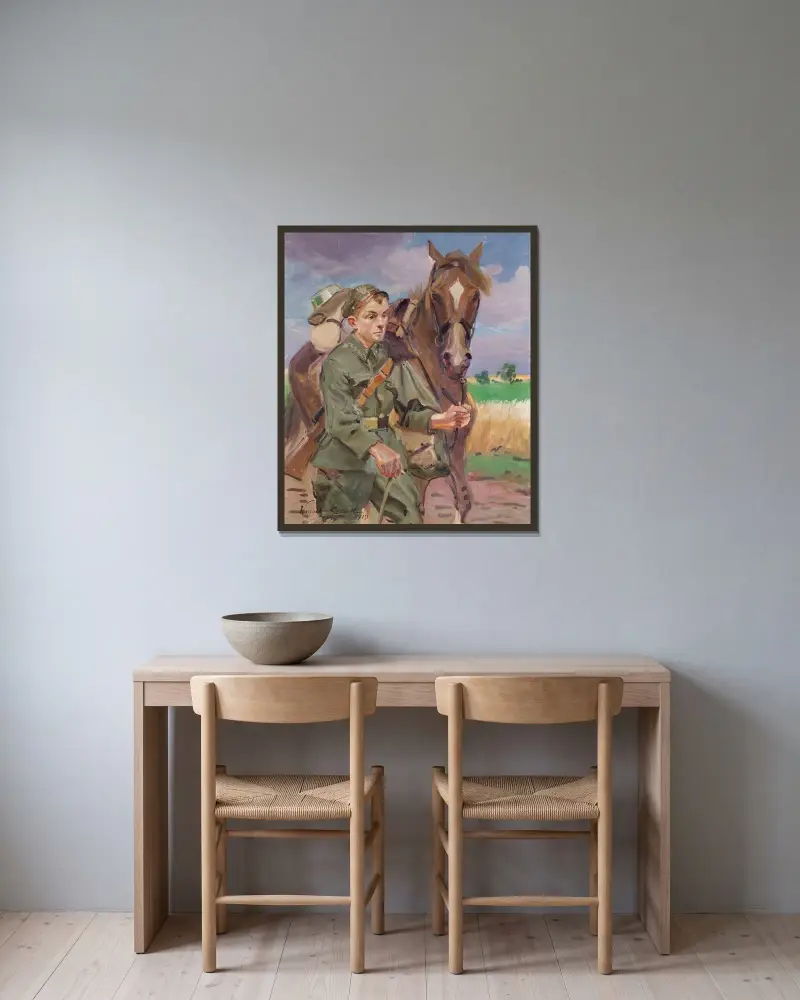 Ein Soldat mit einem Pferd von Wojciech Kossak gerahmt an einer Wand