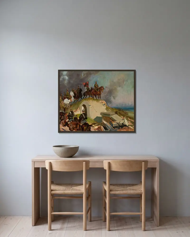Schlachtszene aus dem Ersten Weltkrieg von Wojciech Kossak gerahmt an einer Wand