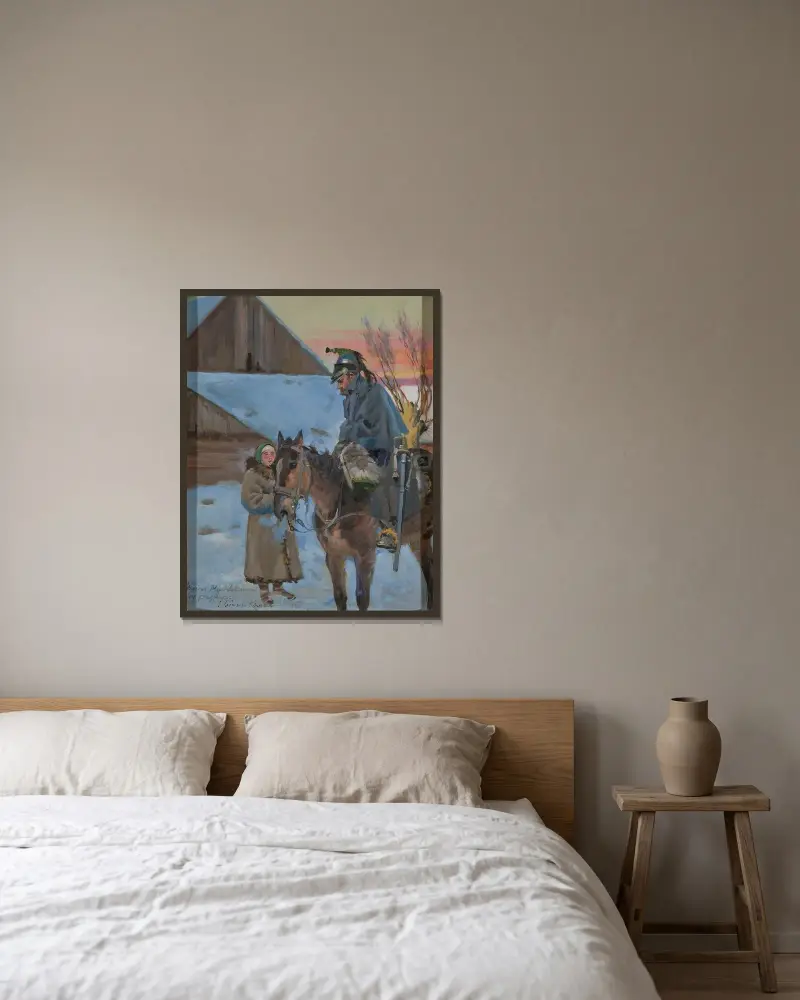 Flicka och en fransk kyrassiär av Wojciech Kossak inramad på en vägg