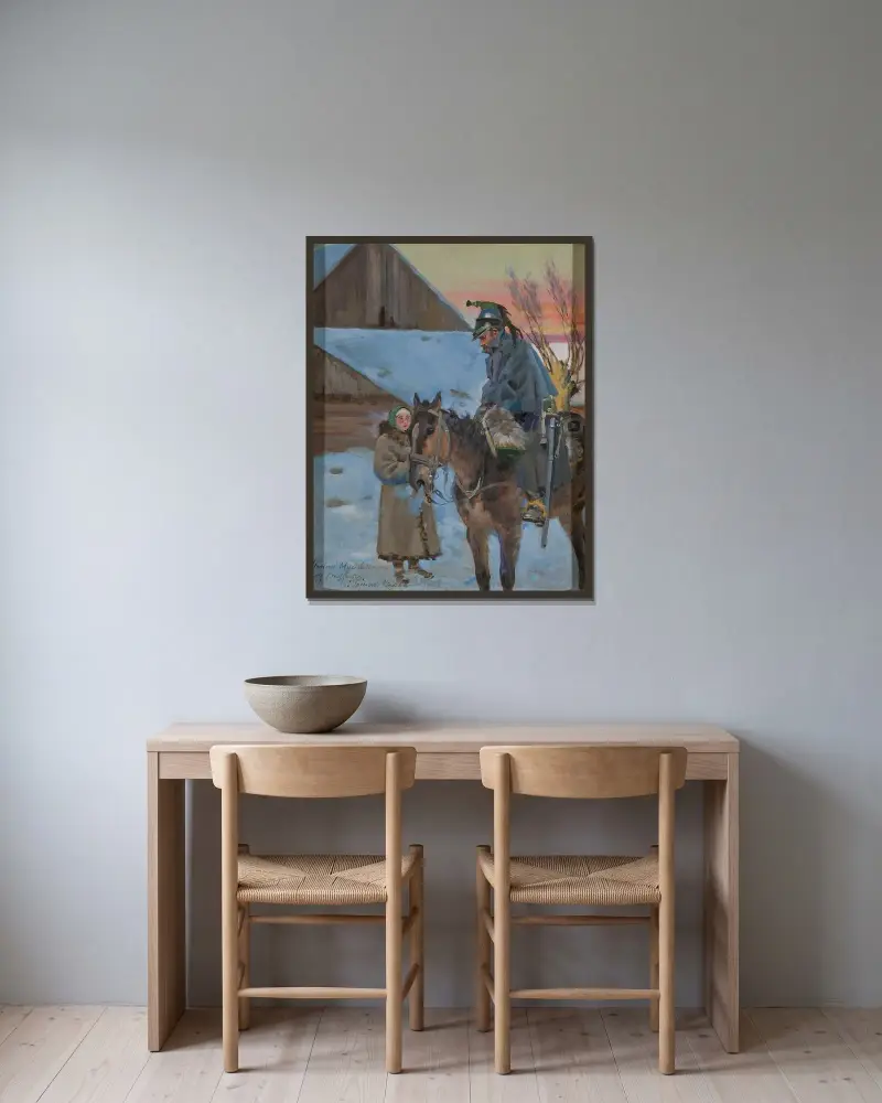Flicka och en fransk kyrassiär av Wojciech Kossak inramad på en vägg
