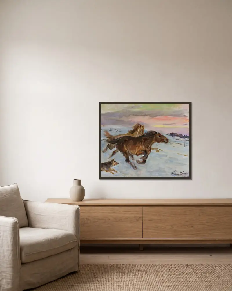Pferde, die vor einem Wolf fliehen von Wojciech Kossak gerahmt an einer Wand
