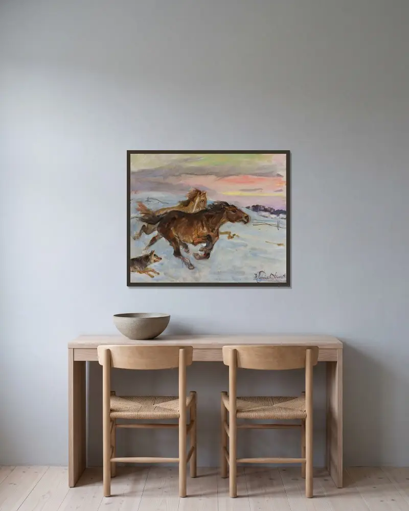 Pferde, die vor einem Wolf fliehen von Wojciech Kossak gerahmt an einer Wand
