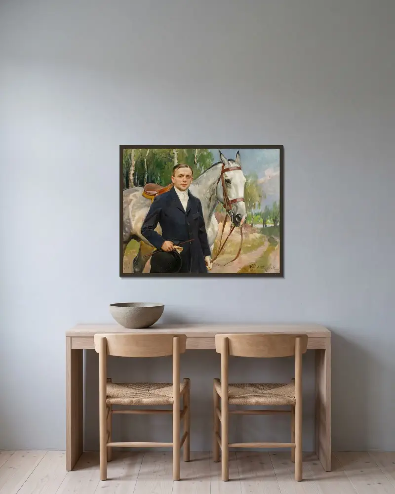 Porträtt av Bronisław Krystall med häst av Wojciech Kossak inramad på en vägg