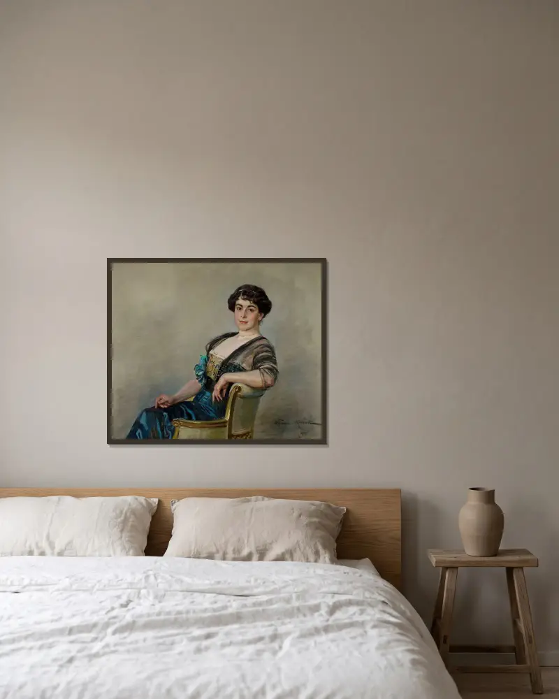 Porträtt av Eugenia Jasieńska av Wojciech Kossak inramad på en vägg