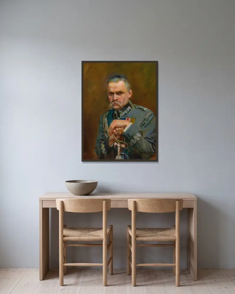 Portrait of Marshal Józef Piłsudski av Wojciech Kossak inramad på en vägg
