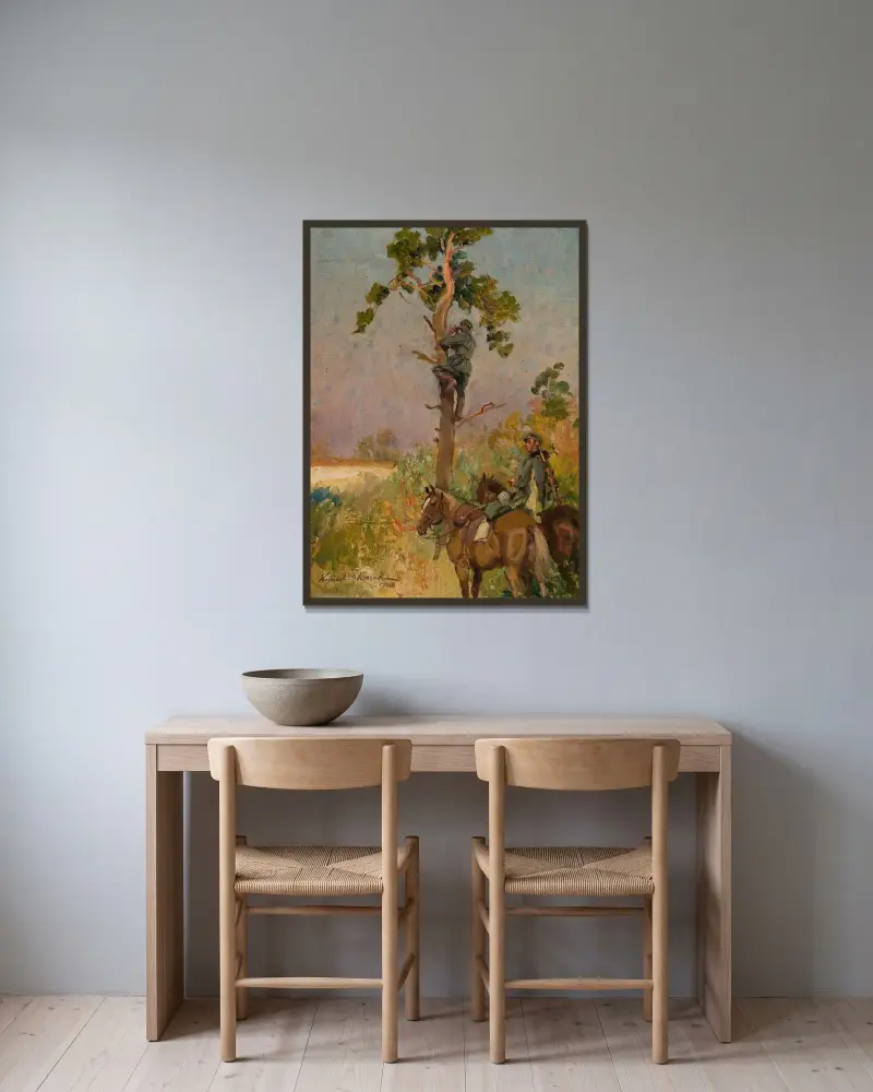 Aufklärung zu Pferd von Wojciech Kossak gerahmt an einer Wand