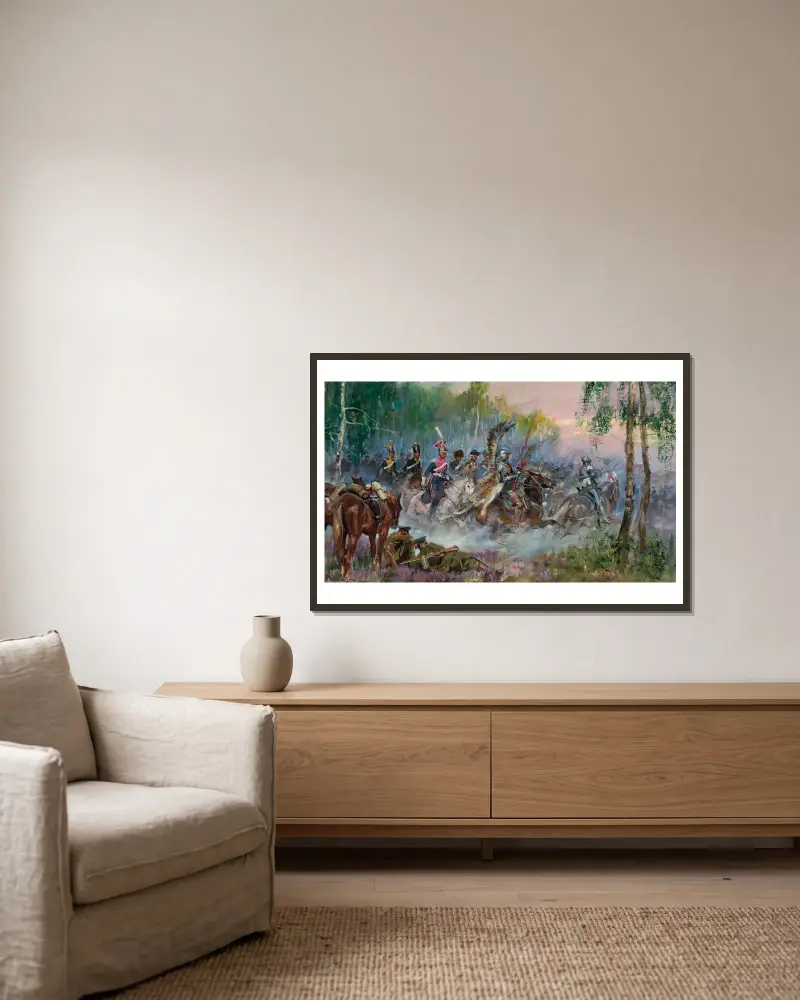 Soldiers’ vision – charge in the forest av Wojciech Kossak inramad på en vägg
