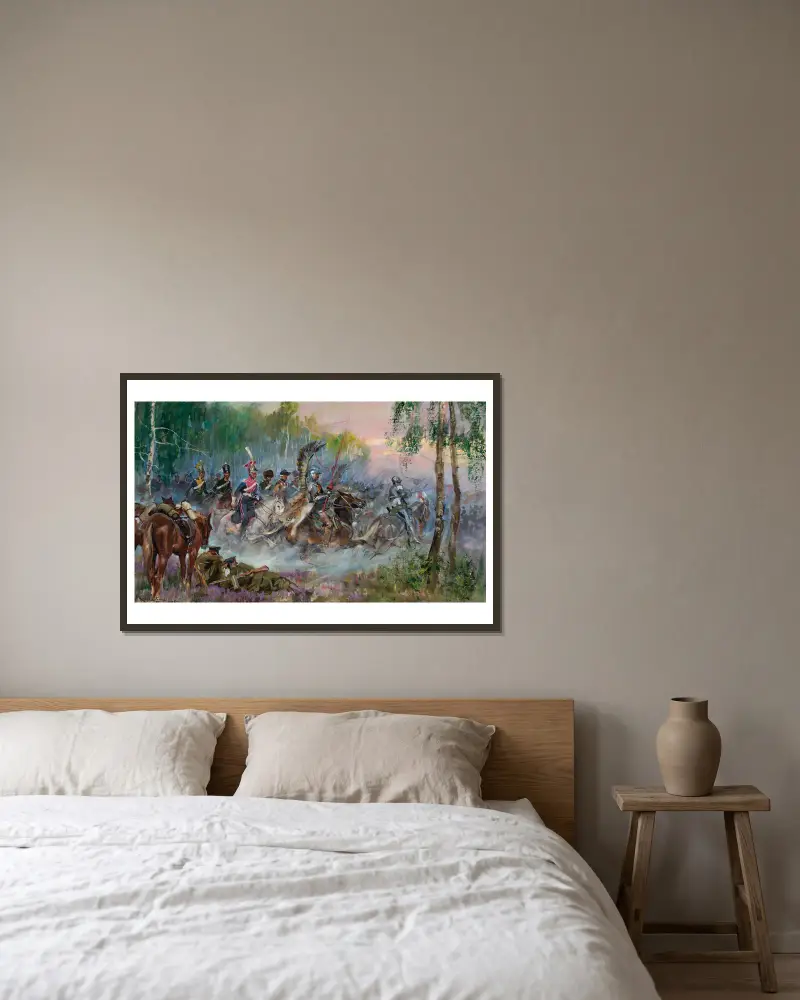Soldiers’ vision – charge in the forest av Wojciech Kossak inramad på en vägg