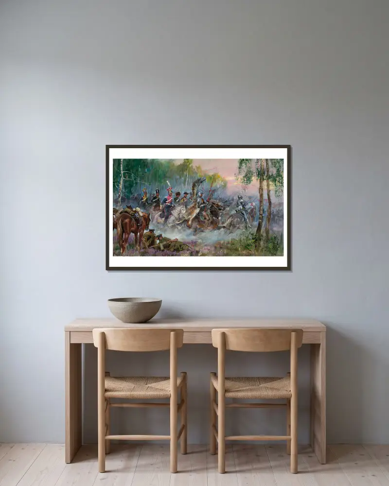 Soldiers’ vision – charge in the forest av Wojciech Kossak inramad på en vägg