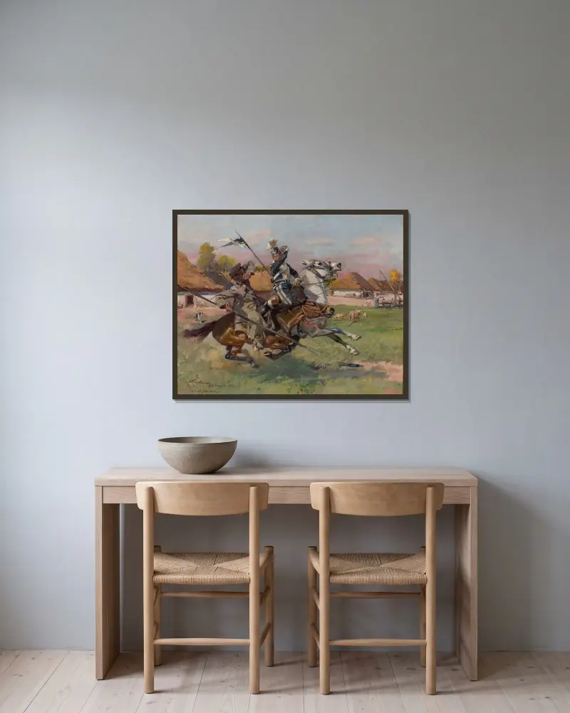 Ulan im Kampf mit einem Kosaken von Wojciech Kossak gerahmt an einer Wand