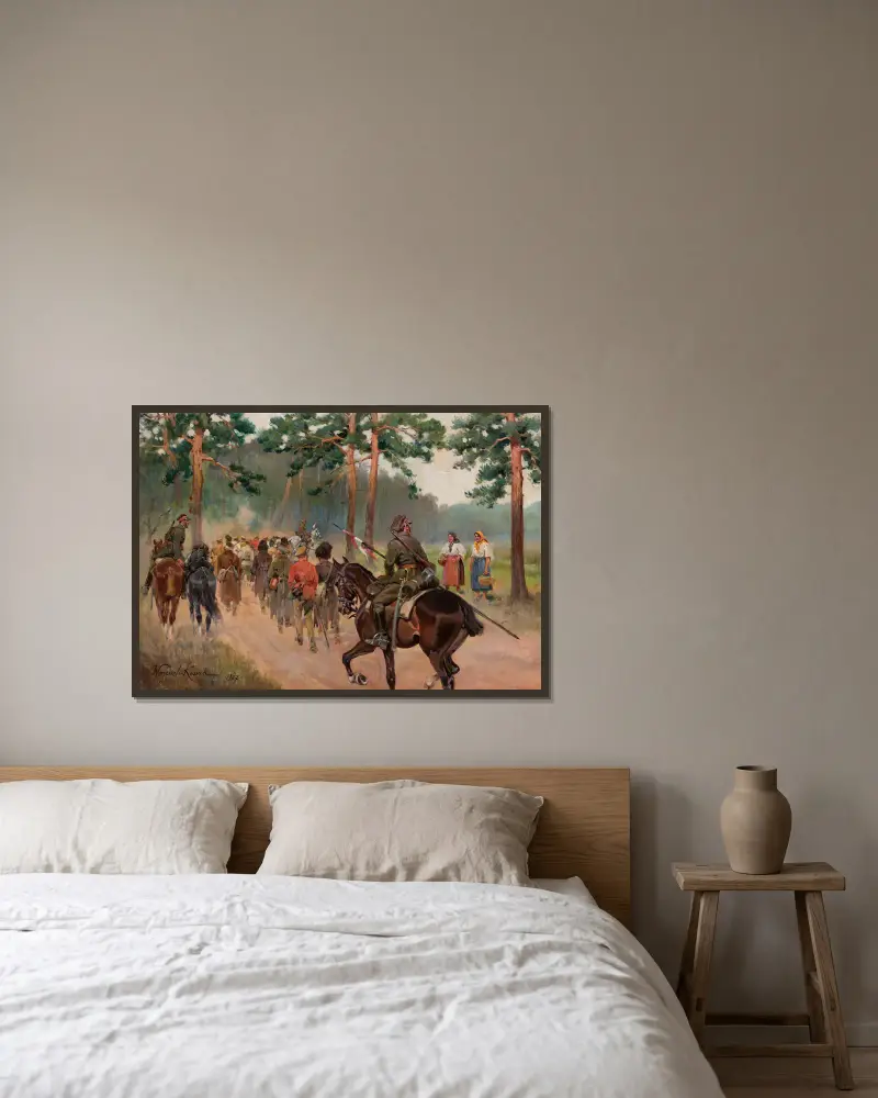 Uhlans escorting captives down a forest track av Wojciech Kossak inramad på en vägg