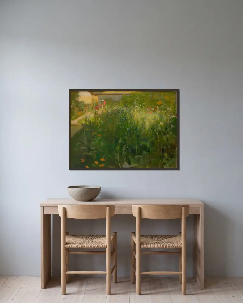 Blomsterträdgård av Wojciech Weiss inramad på en vägg