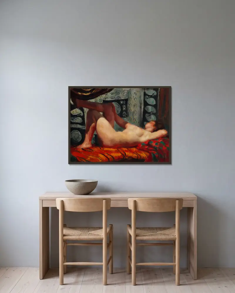 In the Evening – Reclining Female Nude av Wojciech Weiss inramad på en vägg