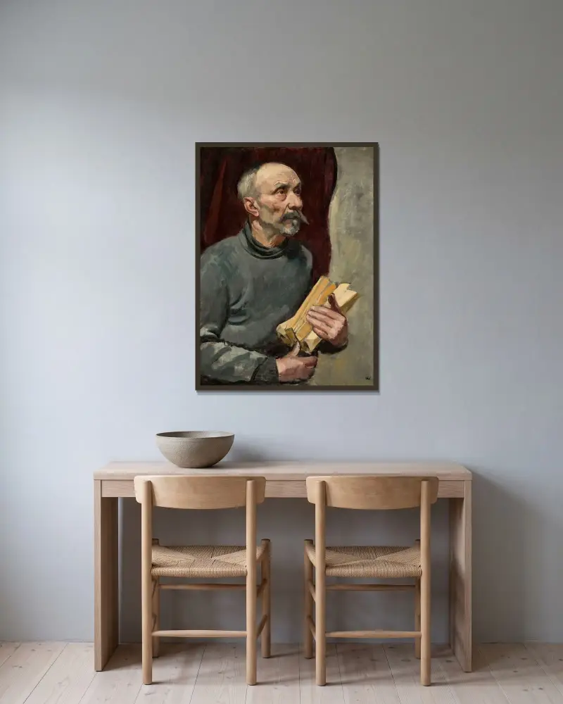 Gammal man med huggen ved av Wojciech Weiss inramad på en vägg