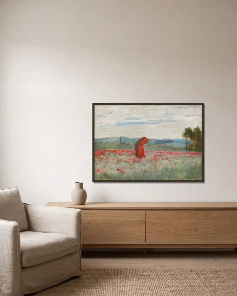 Kyss bland vallmo av Wojciech Weiss inramad på en vägg