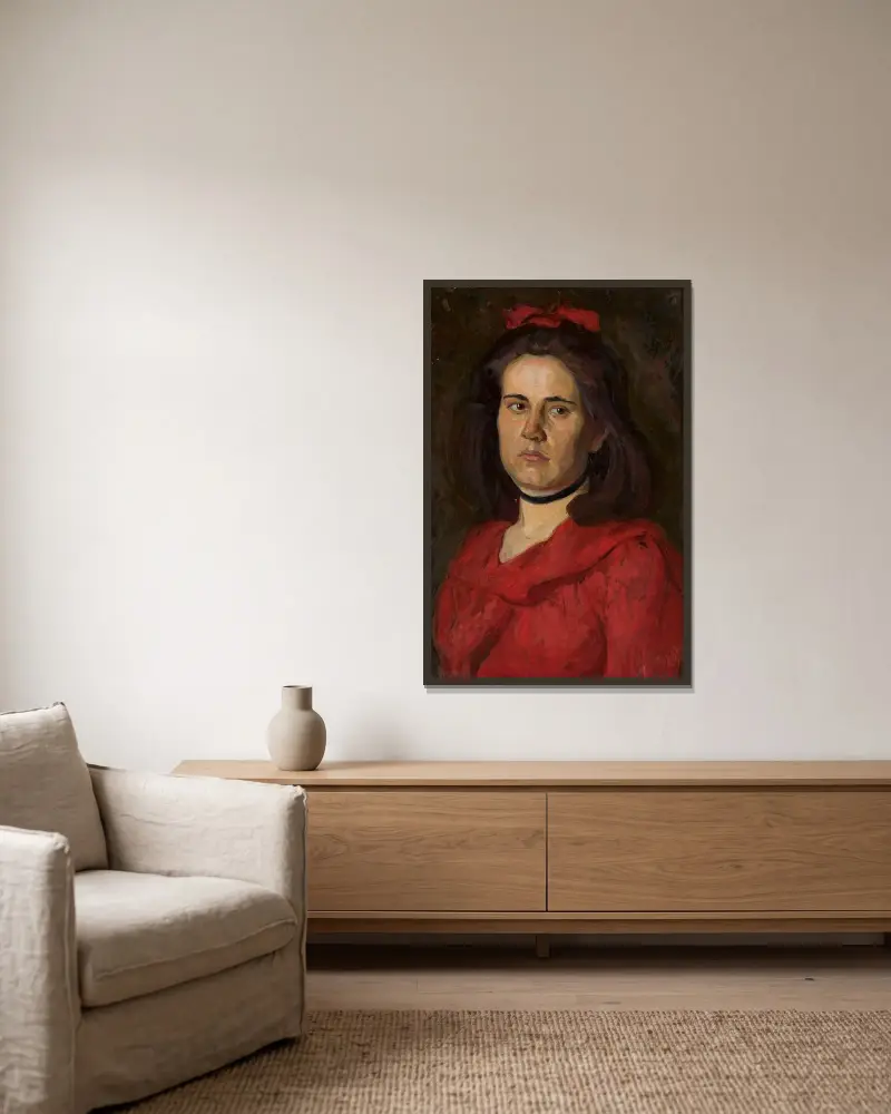 Portret kobiety w czerwonej sukni, Wojciech Weiss w ramie na ścianie