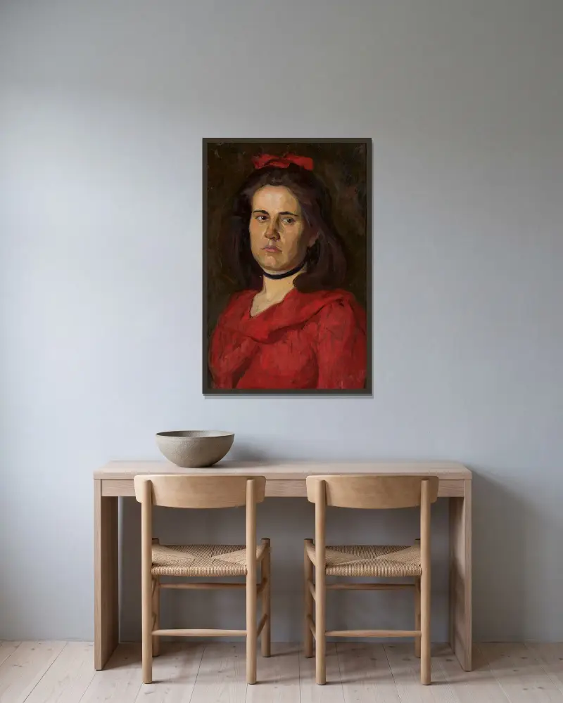 Portret kobiety w czerwonej sukni, Wojciech Weiss w ramie na ścianie