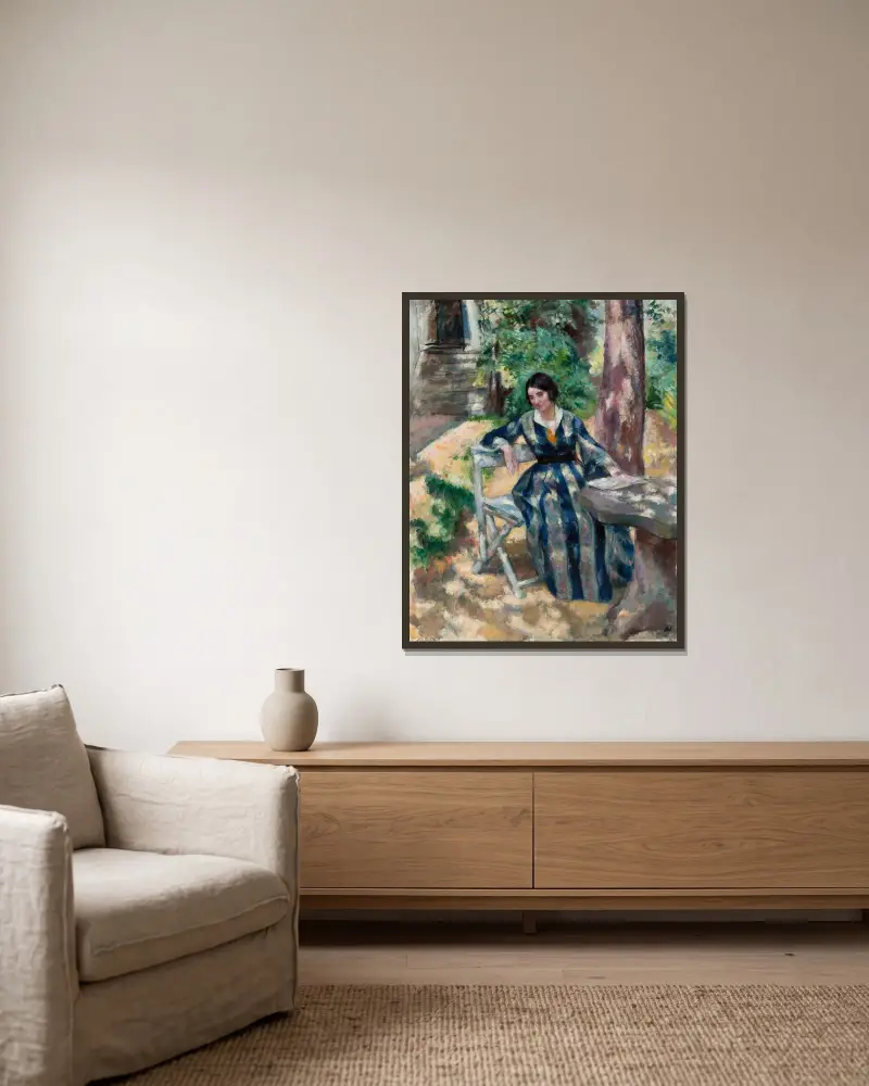 Porträt von Irena, der Ehefrau des Künstlers, im Garten von Wojciech Weiss gerahmt an einer Wand