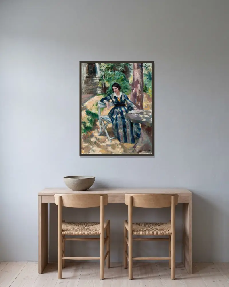 Porträt von Irena, der Ehefrau des Künstlers, im Garten von Wojciech Weiss gerahmt an einer Wand