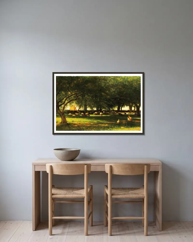 Noon In The Orchard av Worthington Whittredge inramad på en vägg