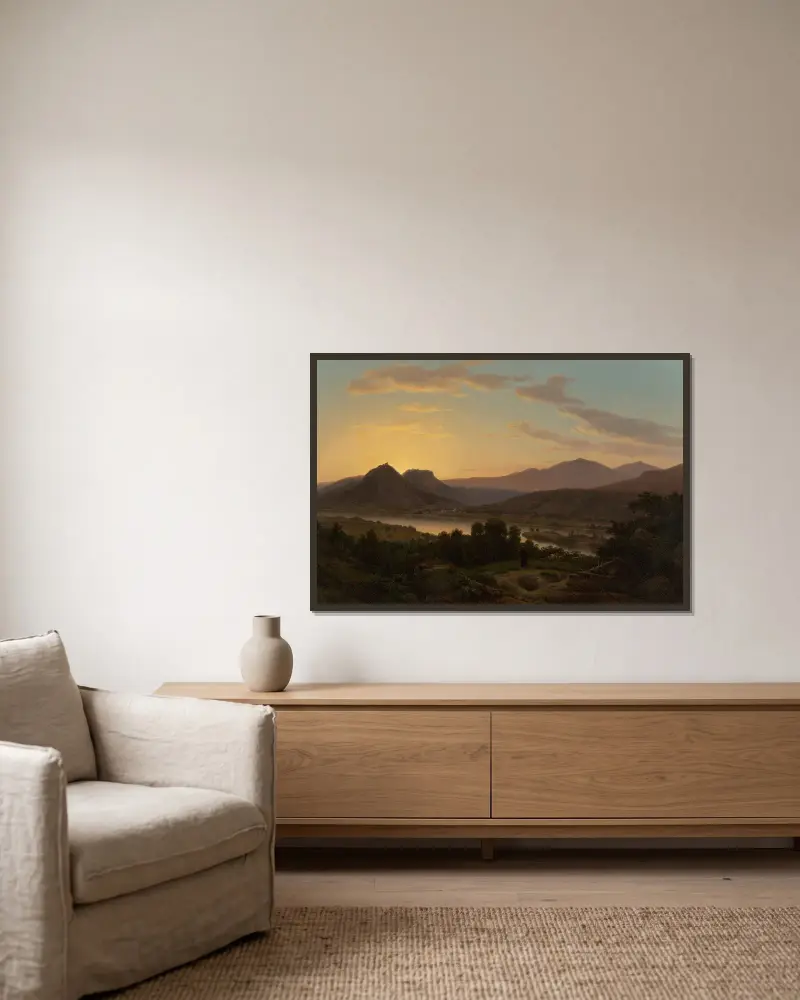 Sonnenaufgang, Blick auf den Drachenfels von Rolandseck von Worthington Whittredge gerahmt an einer Wand
