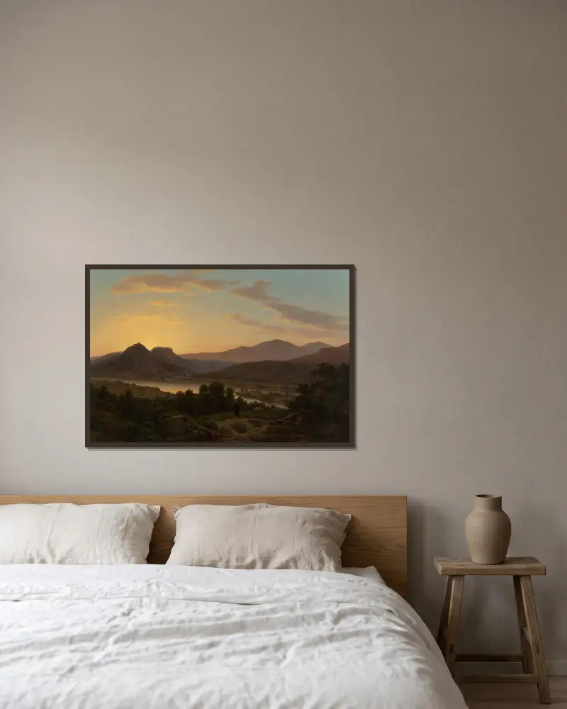 Sonnenaufgang, Blick auf den Drachenfels von Rolandseck von Worthington Whittredge gerahmt an einer Wand