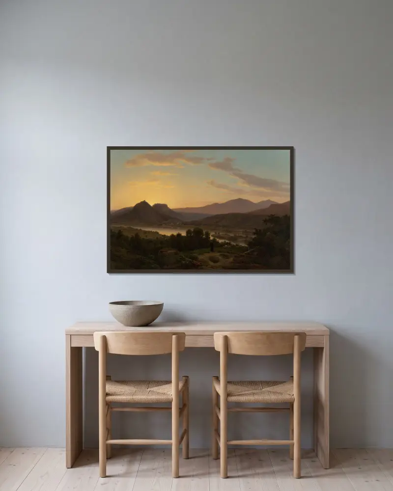 Sonnenaufgang, Blick auf den Drachenfels von Rolandseck von Worthington Whittredge gerahmt an einer Wand