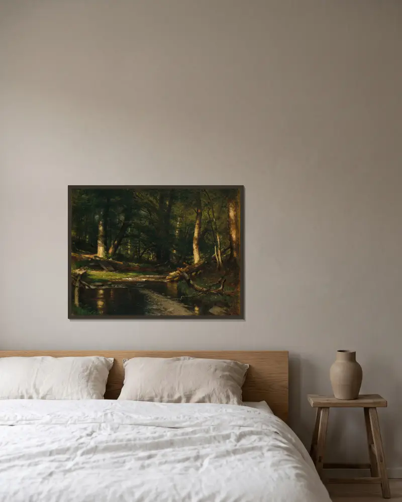 The Brook in the Woods av Worthington Whittredge inramad på en vägg