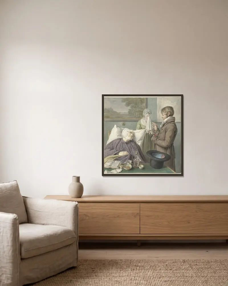 Arts bezoekt een zieke oude vrouw in bed av Wybrand Hendriks inramad på en vägg
