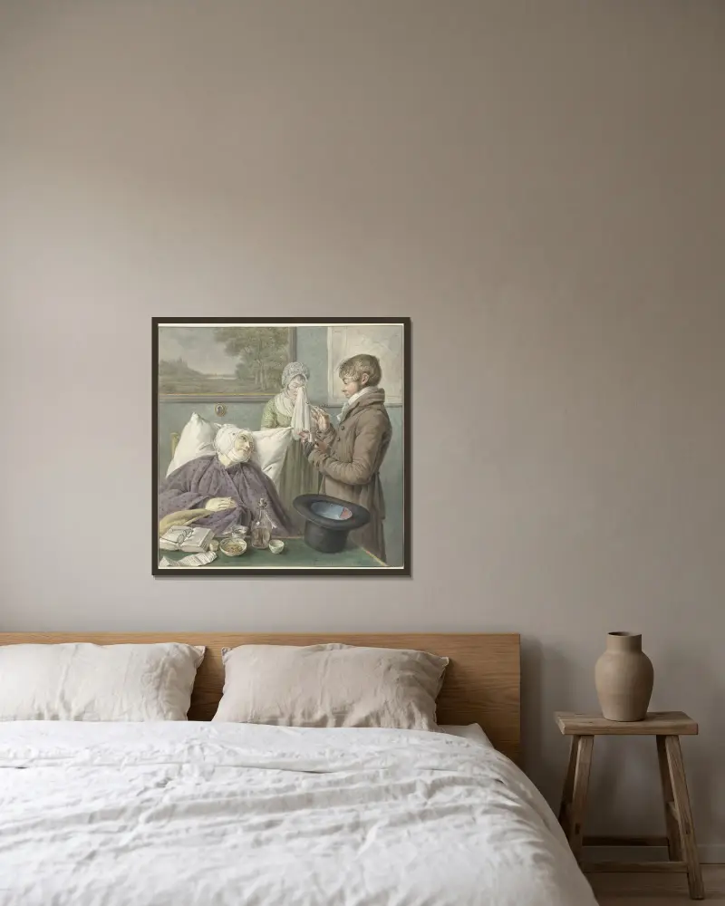 Arts bezoekt een zieke oude vrouw in bed av Wybrand Hendriks inramad på en vägg