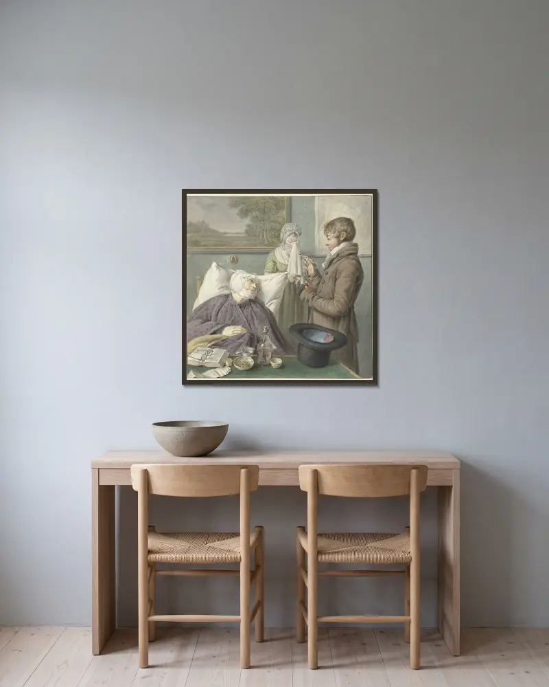 Arts bezoekt een zieke oude vrouw in bed av Wybrand Hendriks inramad på en vägg