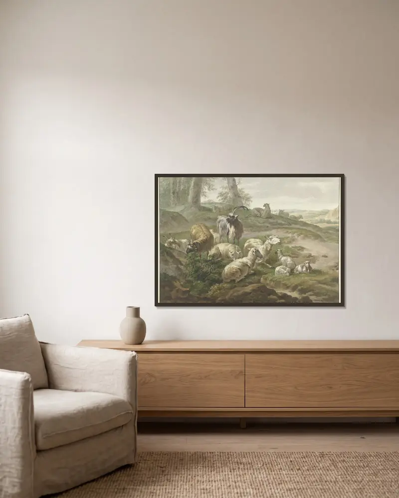 Bokken en schapen in een heuvelachtig landschap , after Nicolaes Pietersz. Berchem av Wybrand Hendriks inramad på en vägg