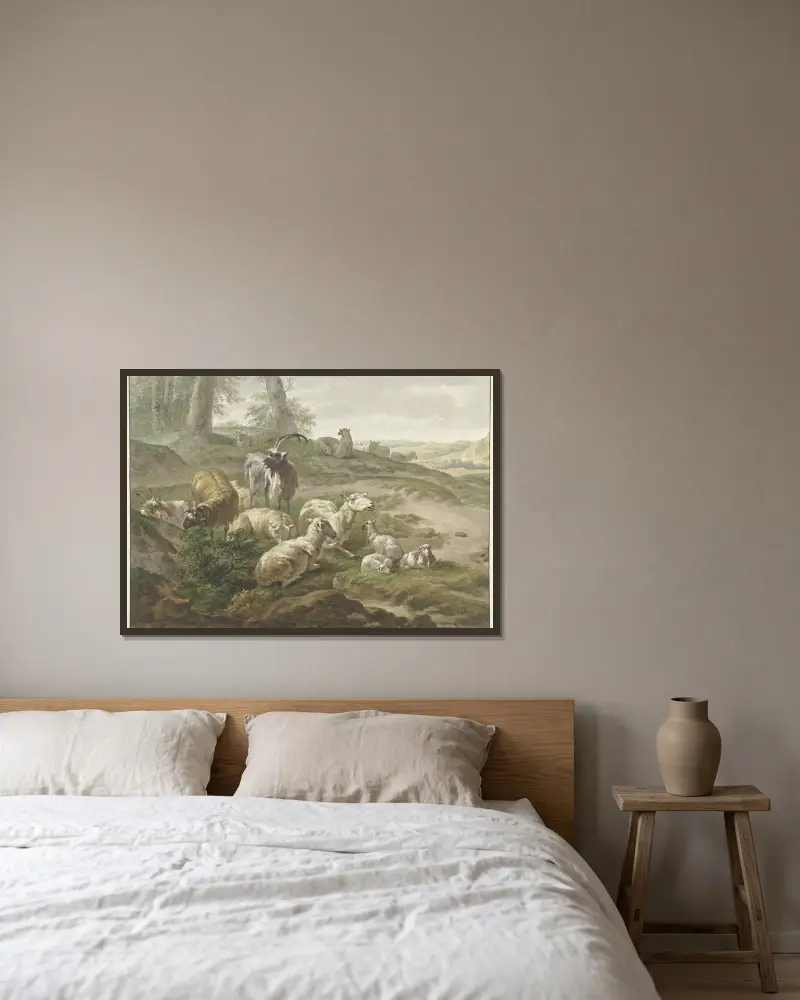Bokken en schapen in een heuvelachtig landschap , after Nicolaes Pietersz. Berchem av Wybrand Hendriks inramad på en vägg